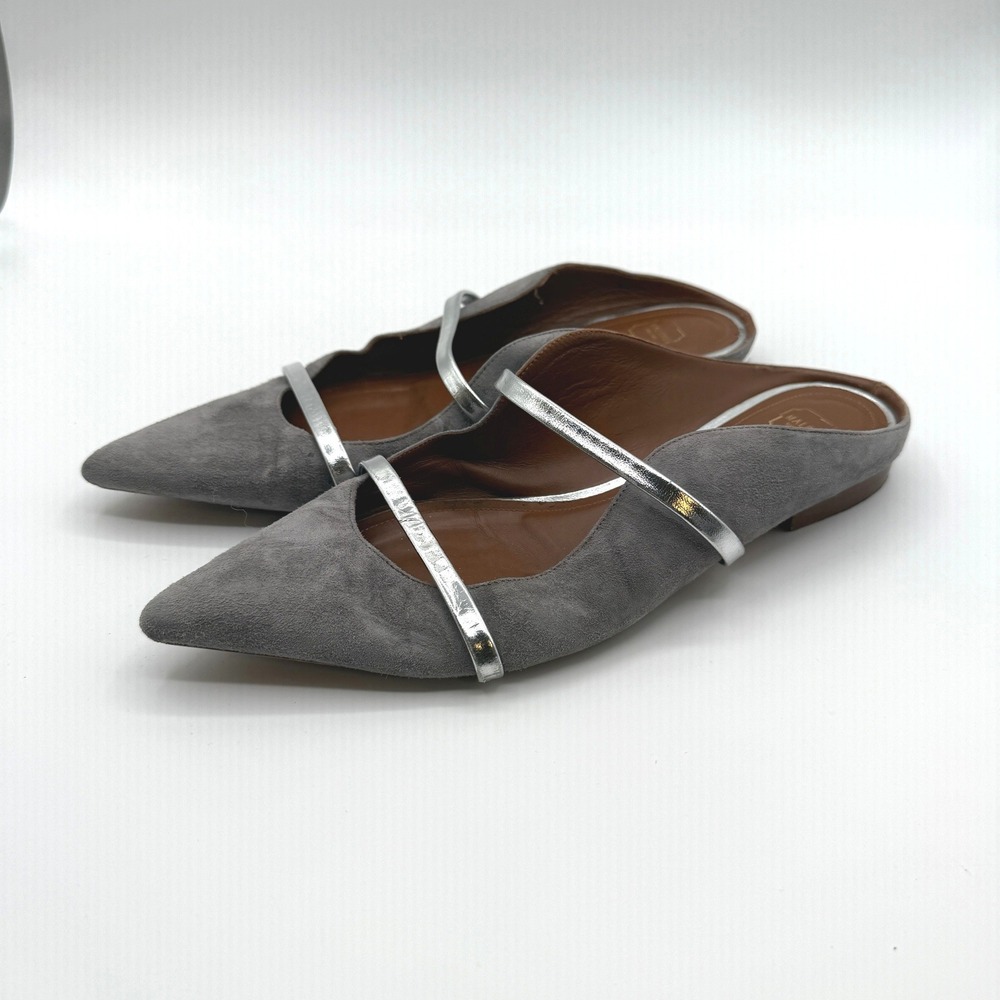 Malone Souliers Mules Women 39 Grey Silver Metallic Straps Maureen Flats Pointy